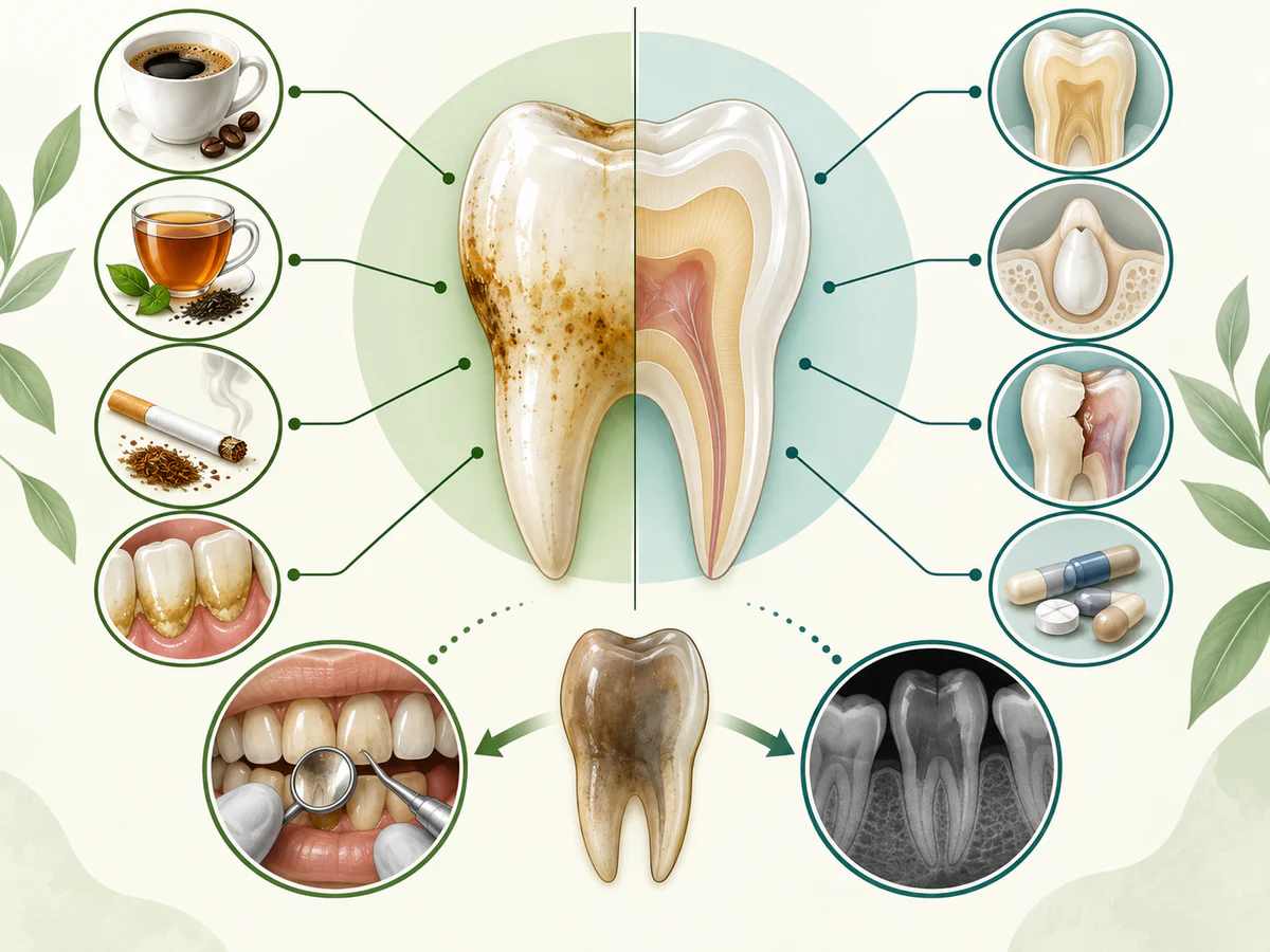 Carte distinguant taches externes de café, thé, tabac et plaque, colorations internes liées à l’âge, au développement, au traumatisme ou aux médicaments, et dent unique foncée à explorer.