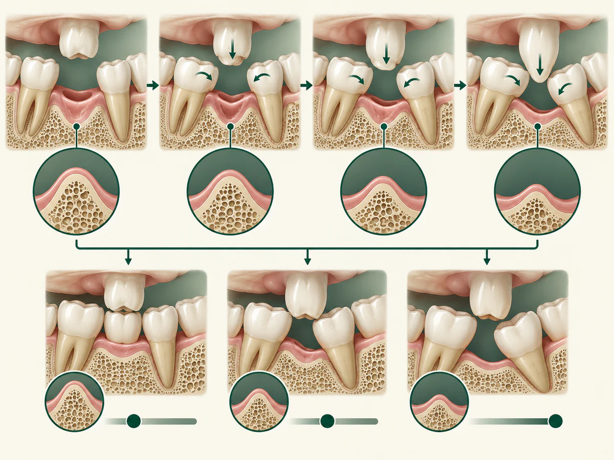 Illustration dentaire pédagogique montrant la migration des dents voisines, la sortie de l’antagoniste et la résorption osseuse après une dent perdue.