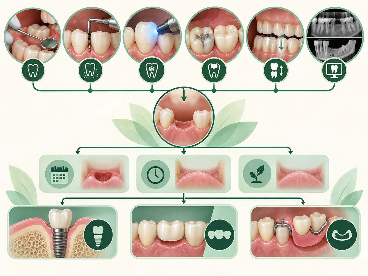 Illustration dentaire pédagogique montrant le bilan avant remplacement évaluant gencives, dents voisines, occlusion et volume osseux.