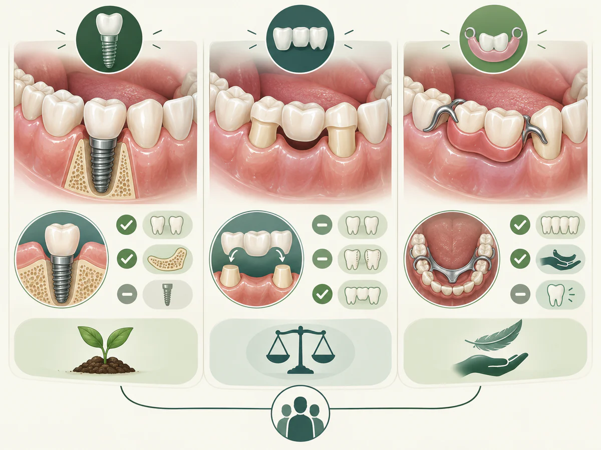 Illustration dentaire pédagogique montrant les différences entre implant, bridge et prothèse amovible pour remplacer une dent.