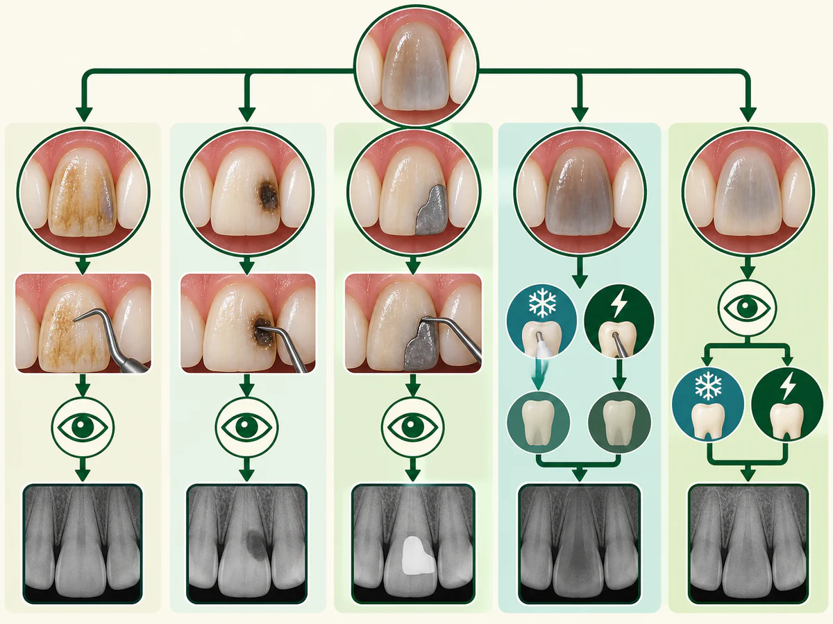 Dent sombre orientée vers cinq causes possibles — tache, carie, ancien plombage, pulpe lésée ou développement — puis examen, tests et radiographie.