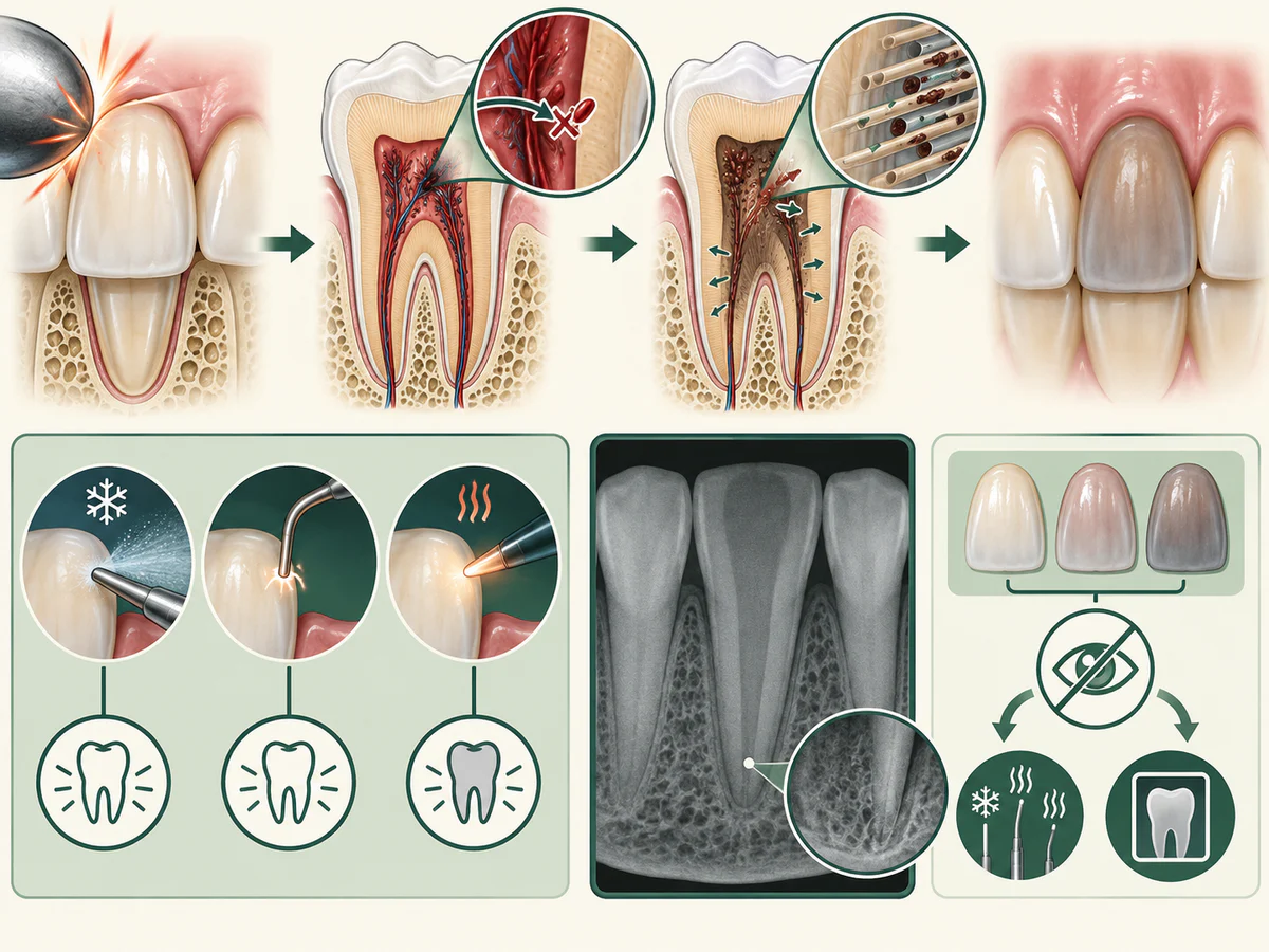 Après un choc, rupture de l’apport sanguin pulpaire puis pigments de dégradation diffusant dans les tubules dentinaires et dent devenant grise.