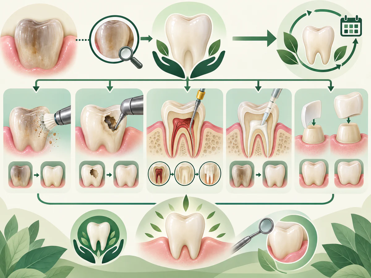 Après diagnostic, tache nettoyée, carie restaurée, pulpe nécrosée traitée, blanchiment interne sélectionné ou restauration conservatrice.