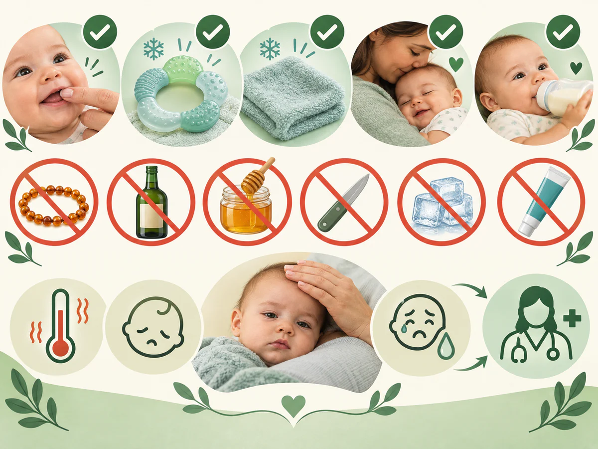 Gestes sûrs pour apaiser la poussée dentaire — massage, anneau frais, linge frais et réconfort — face aux produits dangereux et aux signes demandant un avis médical.