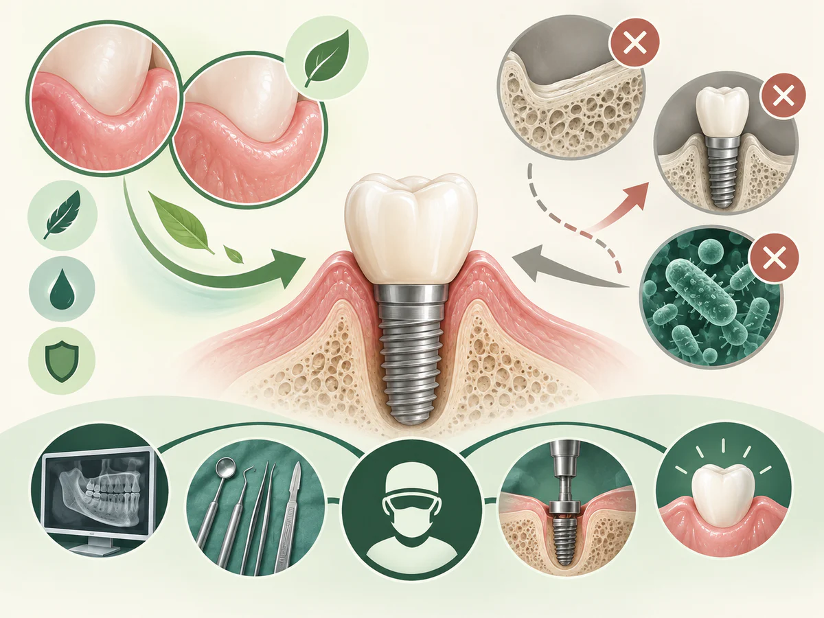 Illustration dentaire pédagogique montrant les bénéfices précoces possibles du PRF et ses limites sans remplacement de la chirurgie ni de l’os.