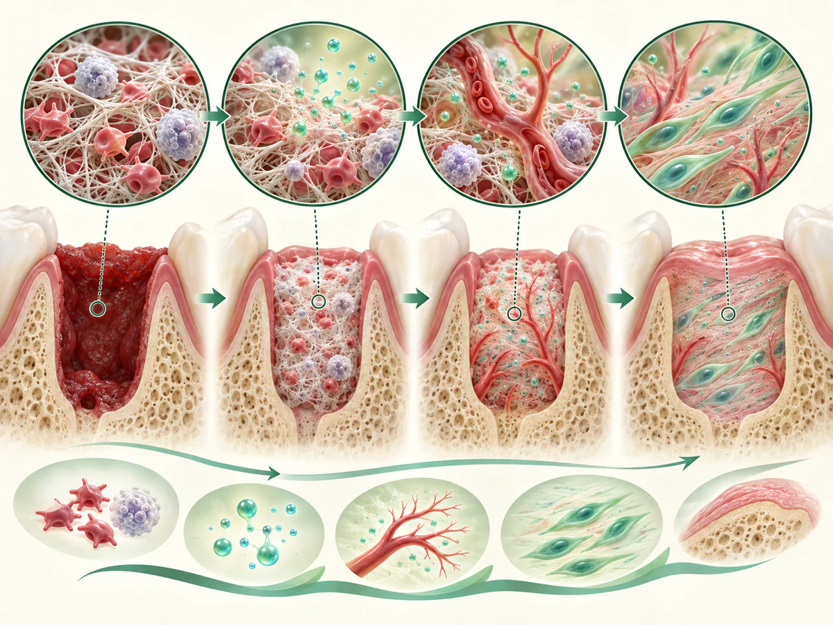 Illustration dentaire pédagogique montrant la matrice de fibrine libérant progressivement des signaux et soutenant les cellules de cicatrisation.