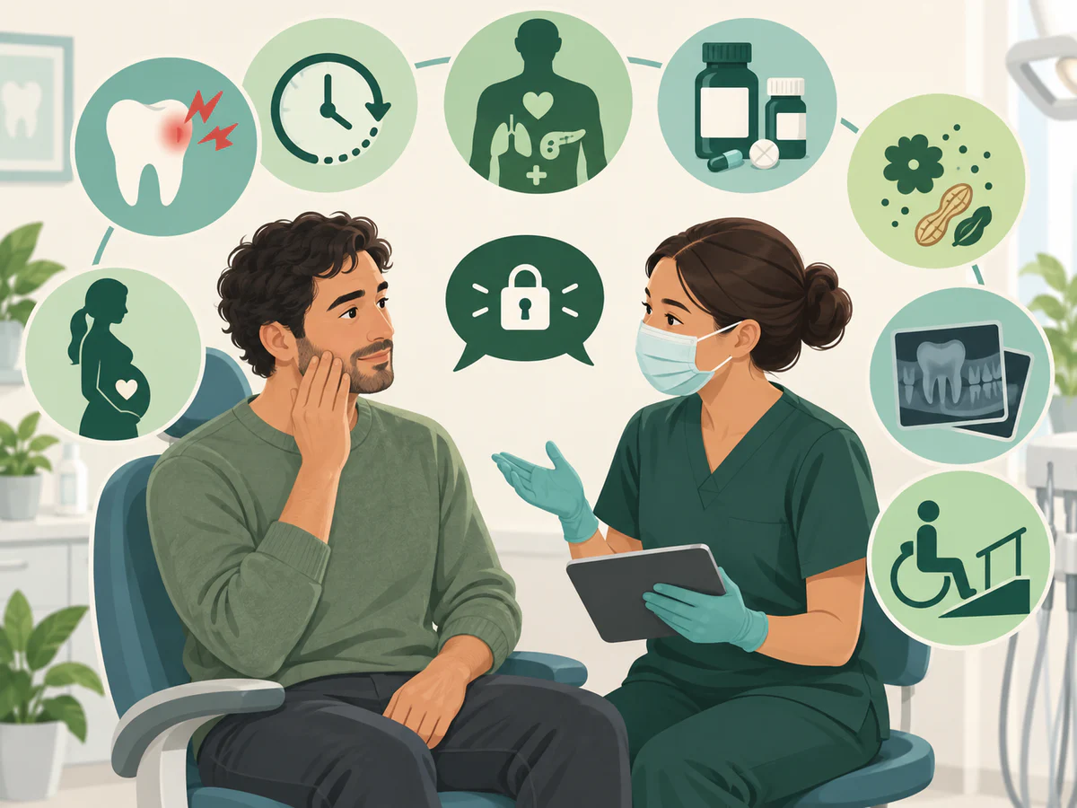 Patient préparant symptôme et durée, maladies, médicaments, allergies, grossesse, anciennes radios et besoins d’accessibilité pour l’entretien confidentiel.