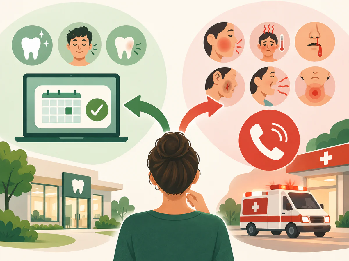 Problème stable orienté vers la réservation en ligne, face à gonflement facial, fièvre, saignement, traumatisme ou gêne respiratoire orientés vers appel urgent.