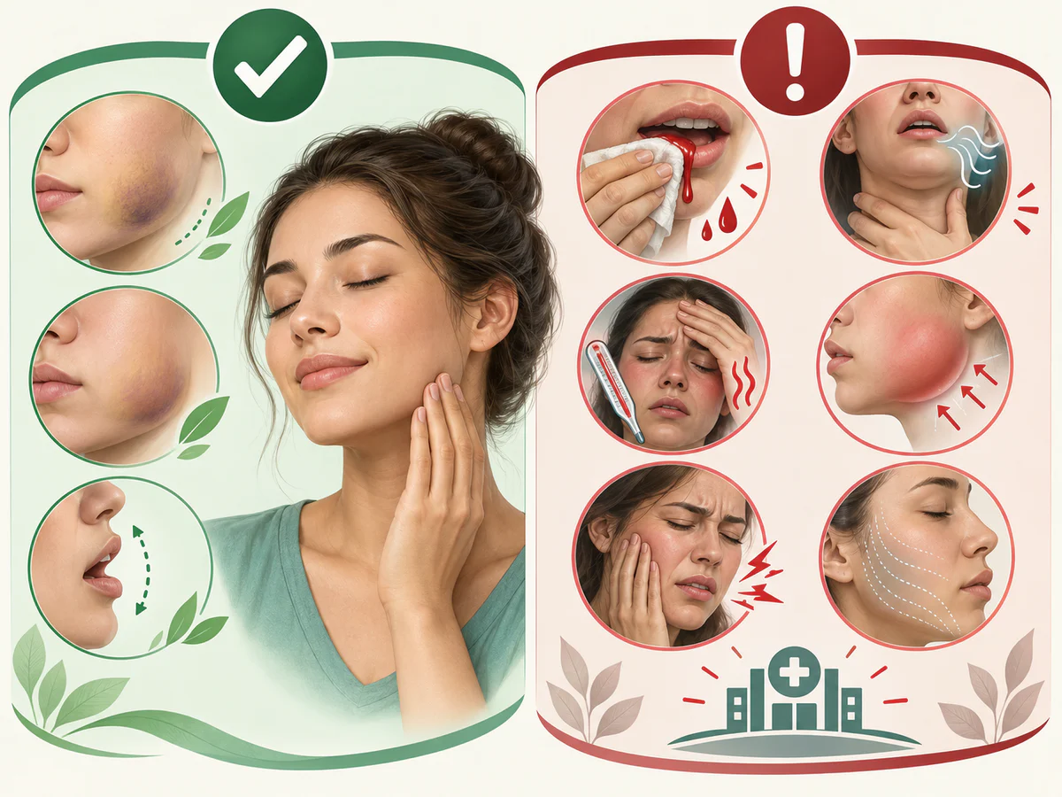 Illustration dentaire pédagogique montrant les signes d’alerte pendant la récupération: saignement persistant, fièvre, gonflement tardif, douleur croissante ou gêne respiratoire.
