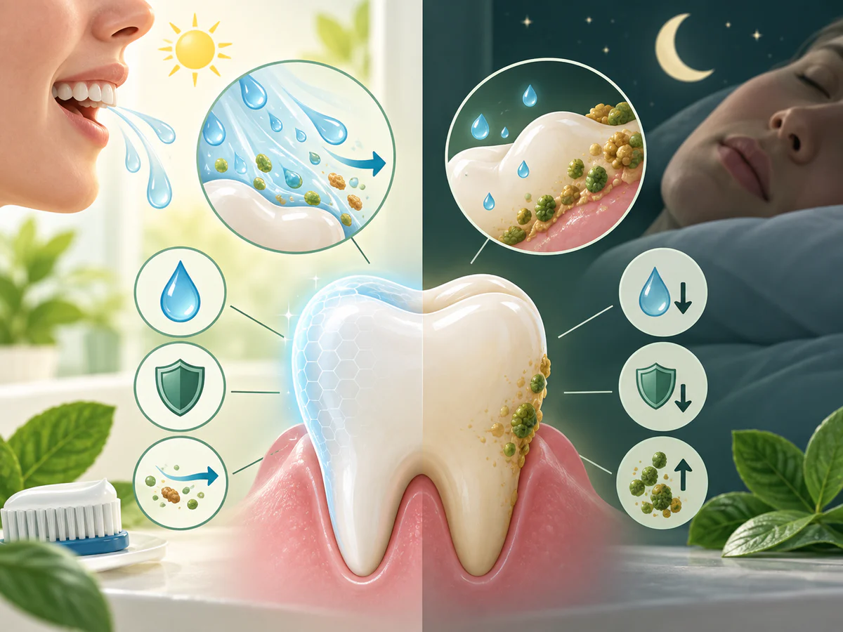 Illustration dentaire pédagogique montrant la baisse de salive nocturne laissant plaque, sucre et acide agir plus longtemps.