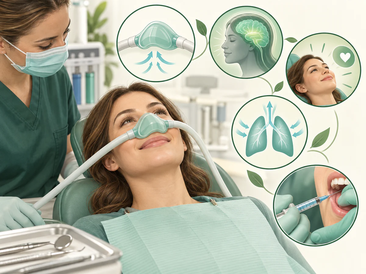 Illustration dentaire pédagogique montrant un patient éveillé respirant le mélange au masque, détendu mais capable de répondre.