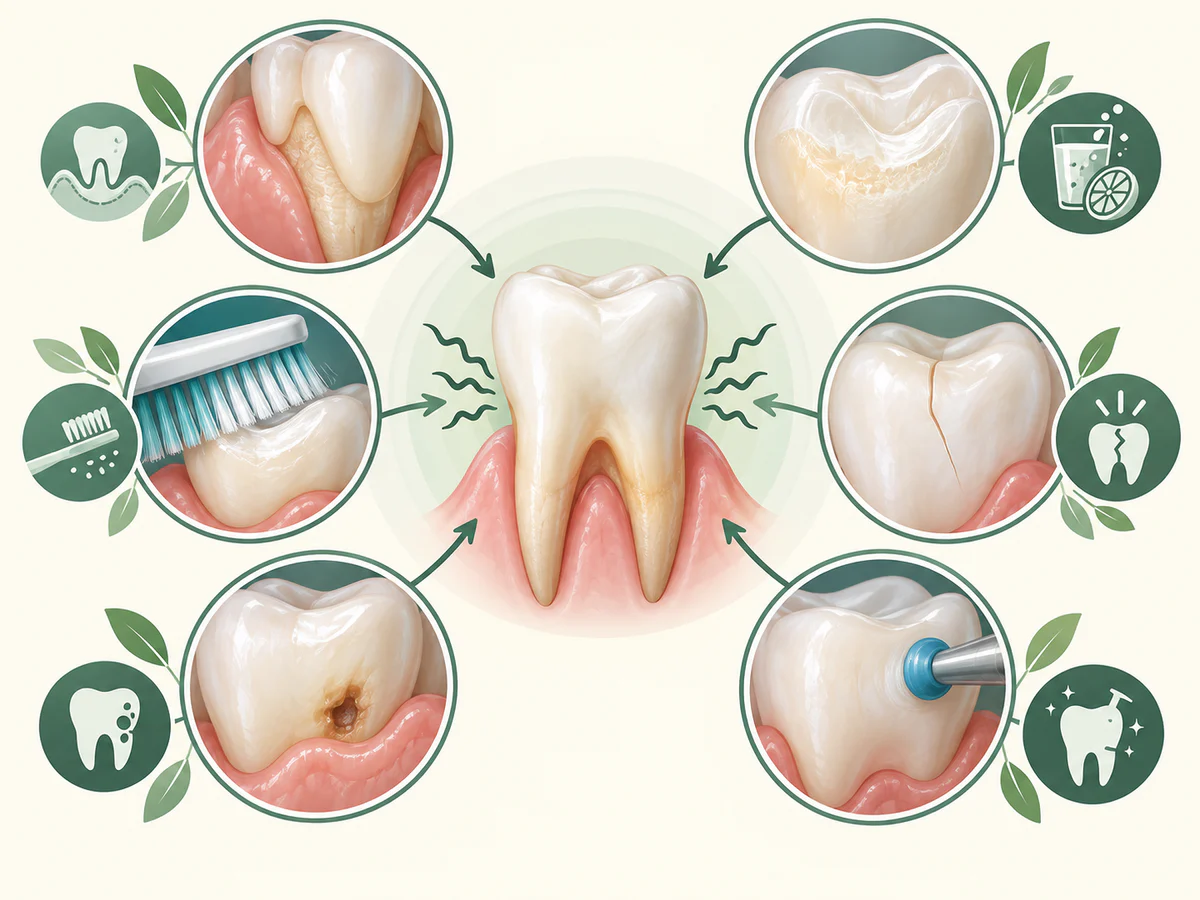 Educational dental illustration showing sensitivity causes including recession, acid wear, traumatic brushing, crack, decay or recent treatment.