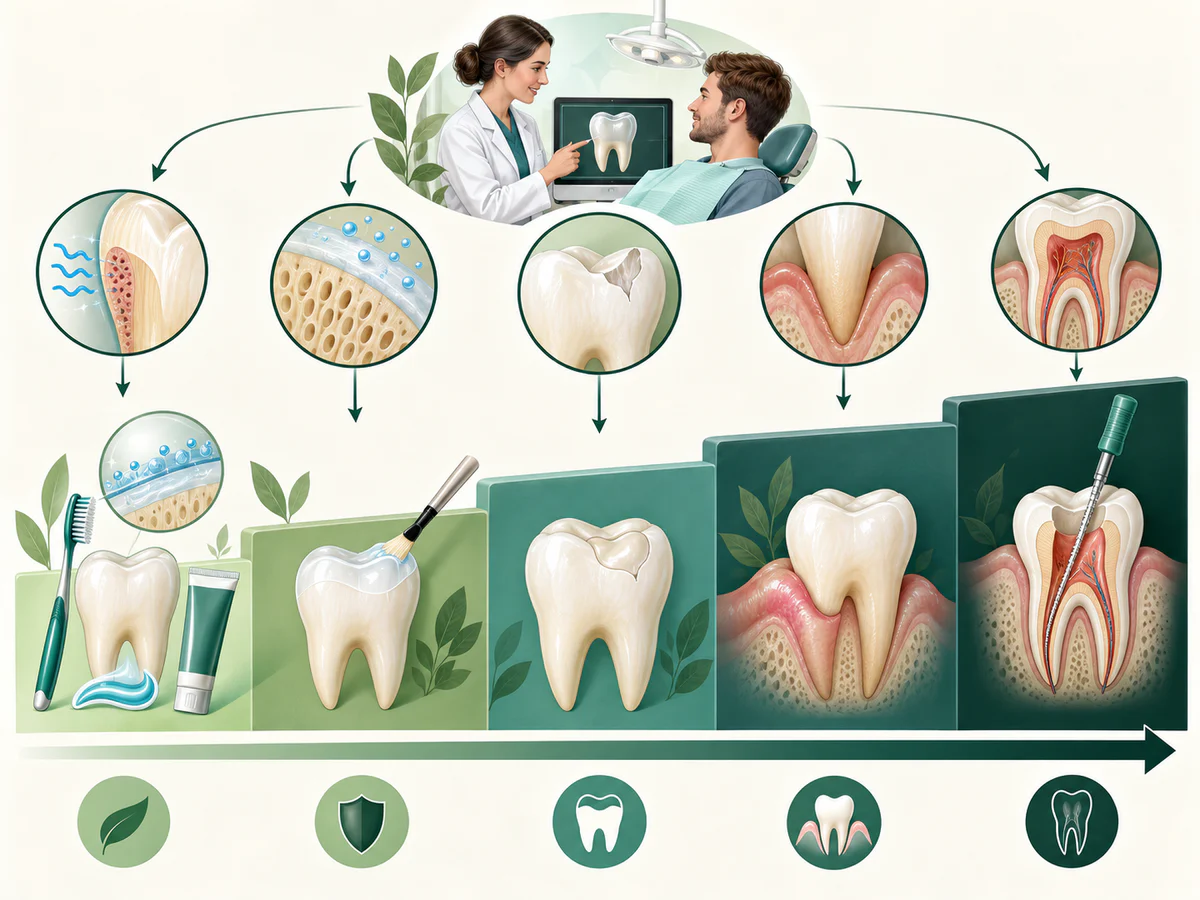Educational dental illustration showing stepwise management of sensitive teeth by cause from desensitizing toothpaste to dental treatment.