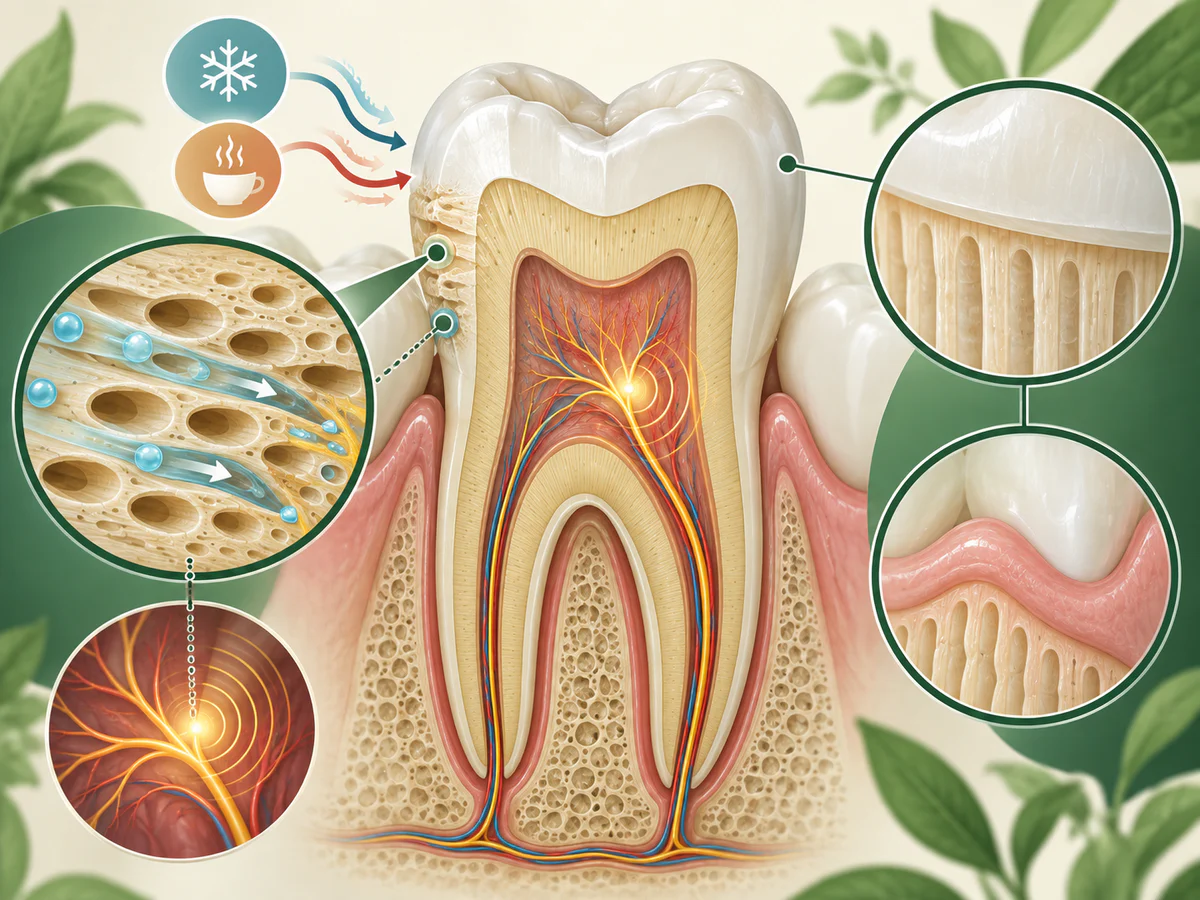Educational dental illustration showing fluid movement in dentinal tubules transmitting cold or heat toward the pulp.