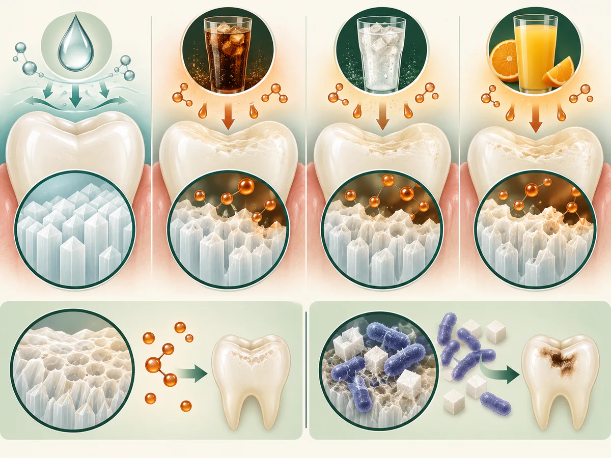 Émail sain comparé après soda sucré, soda sans sucre et jus de fruit, tous acides, avec séparation entre dissolution chimique de surface et carie liée au biofilm et au sucre.