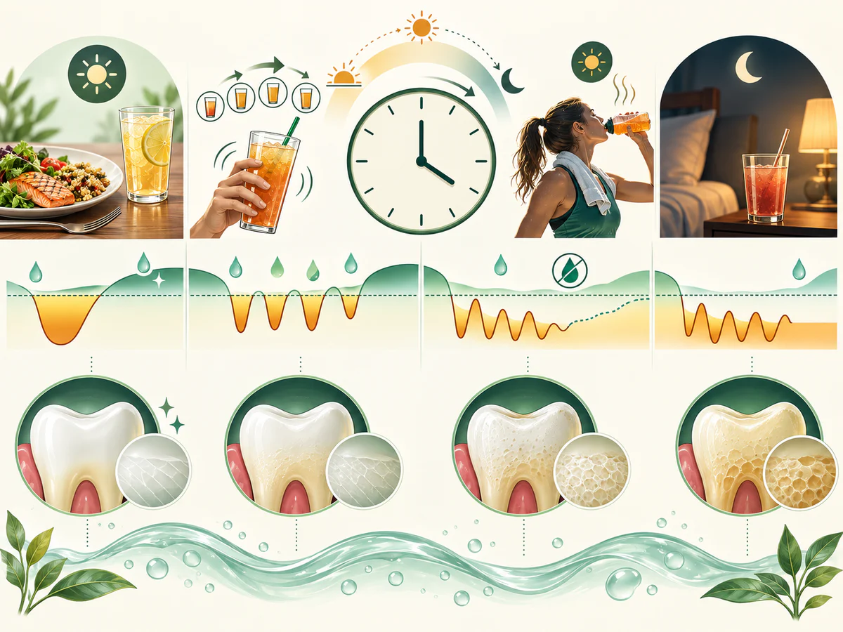 Courbes d’acidité et d’émail comparent une boisson au repas suivie de récupération salivaire aux petites gorgées répétées, au sport avec bouche sèche et à la consommation nocturne.