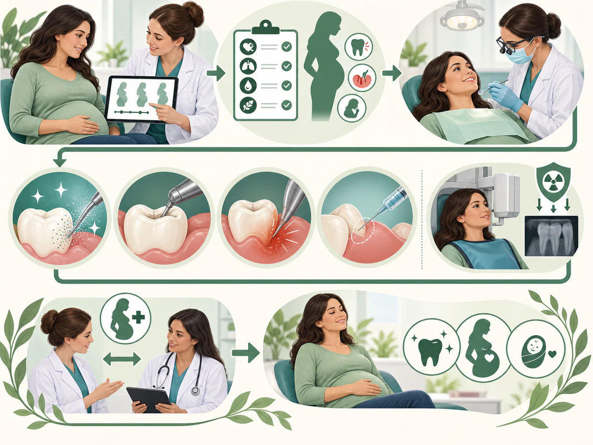 Patiente enceinte et dentiste examinent histoire et stade de grossesse avant prévention, soins nécessaires, anesthésie locale, radiographie ciblée optimisée et coordination médicale si situation complexe.