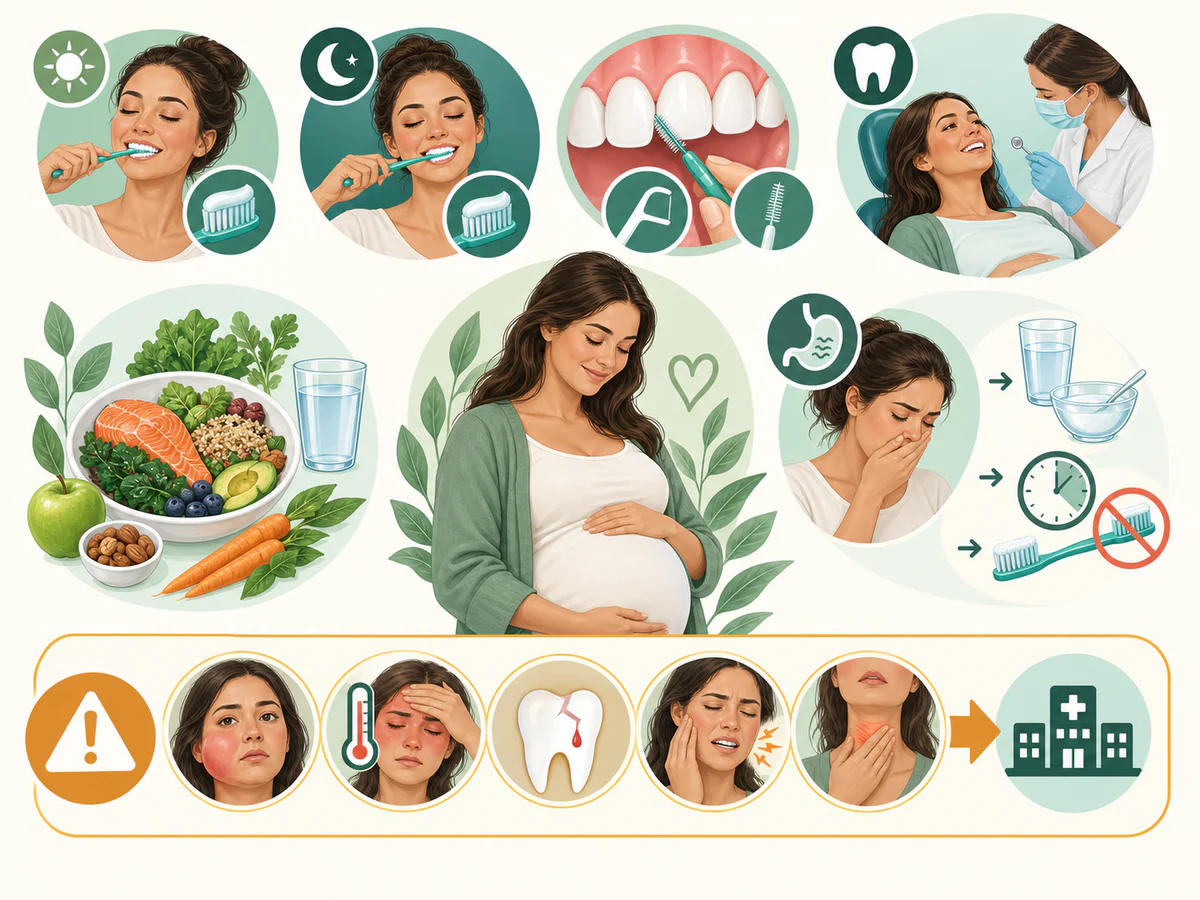 Routine de grossesse avec brossage fluoré, nettoyage interdentaire, eau, repas équilibrés et visite dentaire ; après vomissement, rinçage et attente ; alertes pour gonflement, fièvre, douleur ou déglutition.