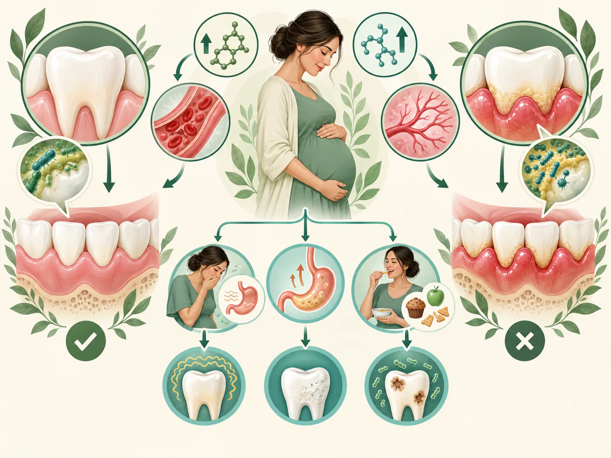 Grossesse reliée à gencives plus réactives au biofilm par changements hormonaux et vasculaires, ainsi qu’à nausées, reflux et grignotage pouvant favoriser érosion ou carie.