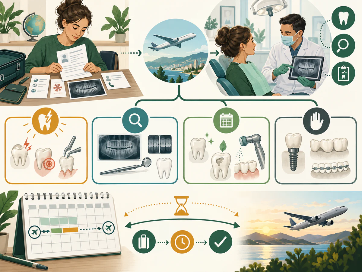 Voyageuse préparant dossier médical, médicaments et radiographies avant un bilan qui sépare urgence, soins simples et traitement complexe selon le temps disponible.