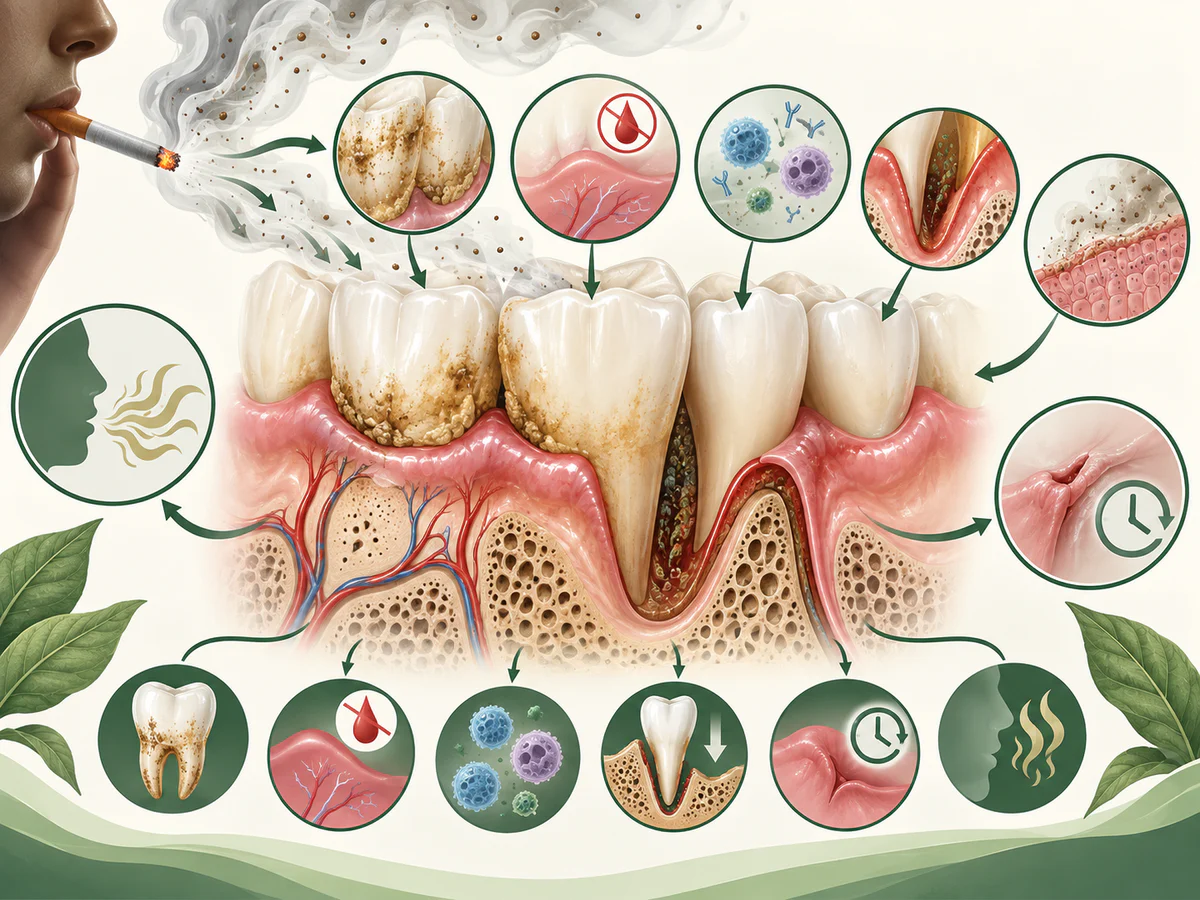 Fumée atteignant dents, gencives, vaisseaux et muqueuse, avec taches et tartre, saignement masqué, défenses modifiées, poches, perte osseuse, cicatrisation lente et mauvaise haleine.