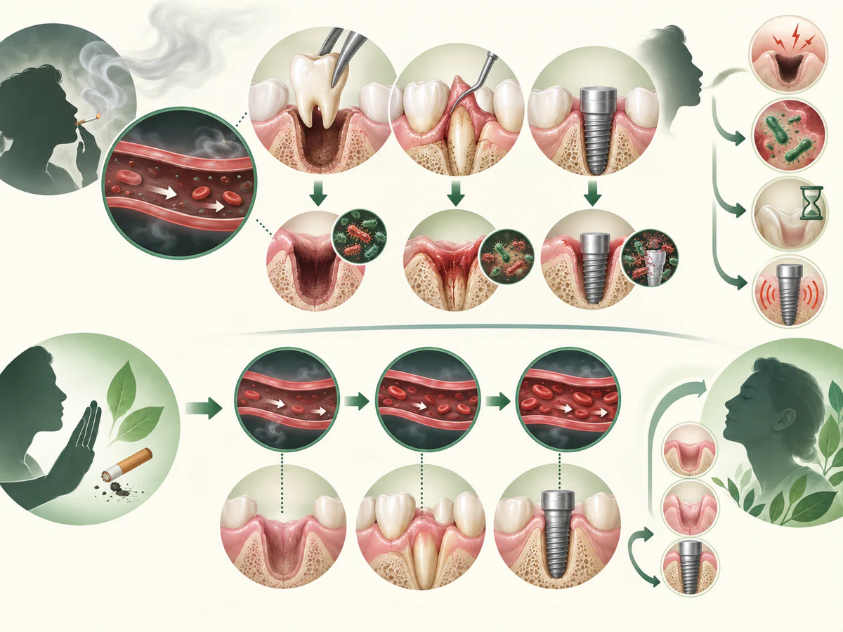 Extraction, chirurgie gingivale et implant sous exposition au tabac montrent moins d’oxygénation, davantage de microbes et une réparation lente, comparés à l’arrêt avec circulation et cicatrisation progressives.