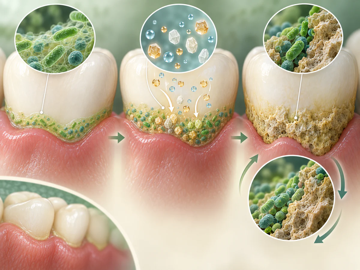 Biofilm bactérien mou au bord de la gencive recevant calcium et phosphate salivaires, se minéralisant en tartre dur dont la surface rugueuse retient davantage de plaque.