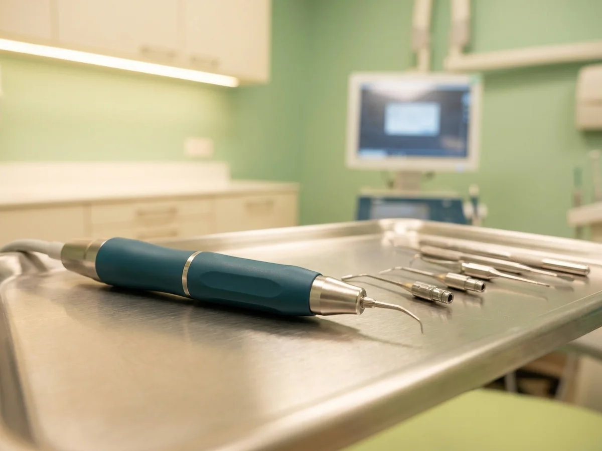 Pièce à main de piézochirurgie posée sur un plateau stérile