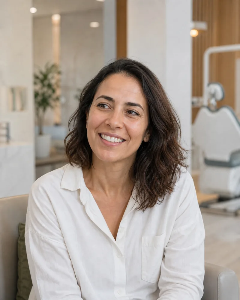 Scène d’illustration : femme marocaine souriante dans un espace de consultation lumineux