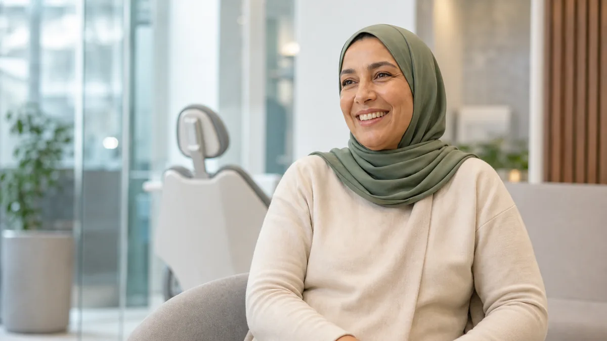 Scène d’illustration : femme marocaine souriante dans un cabinet dentaire lumineux à Kénitra