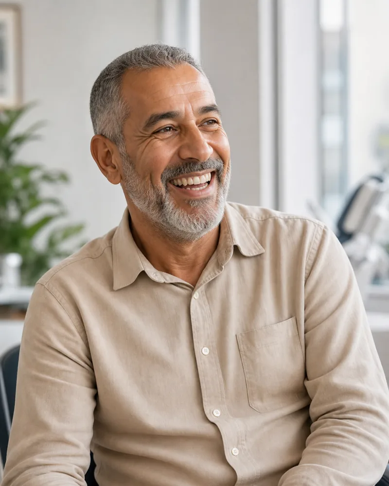 Scène d’illustration : homme marocain souriant dans l’espace d’accueil du cabinet