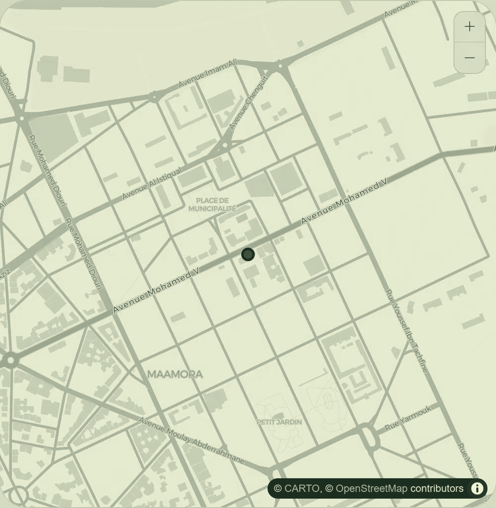 Plan d'accès au cabinet du Dr Fatima Azelmat, Av. Mohamed V, Kénitra centre-ville