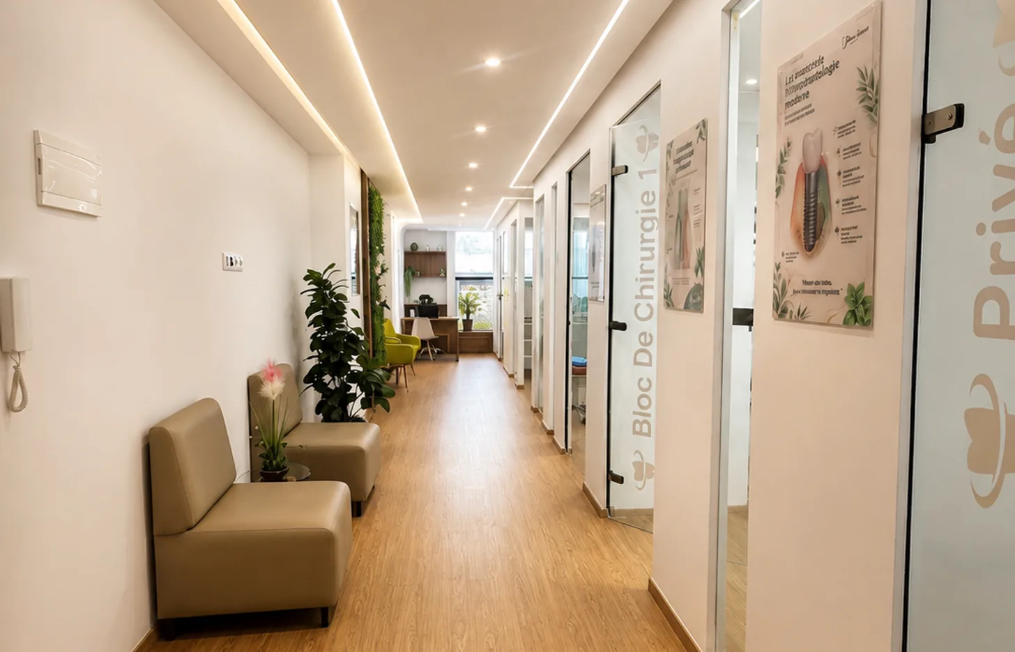 Couloir du cabinet de la Dre Fatima Azelmat à Kénitra desservant les salles de soins