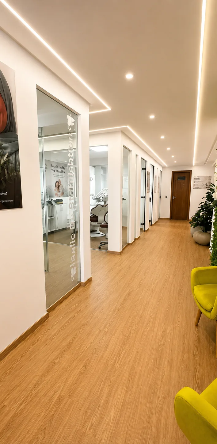 Couloir vitré du cabinet avec mur végétal menant aux salles de soins à Kénitra