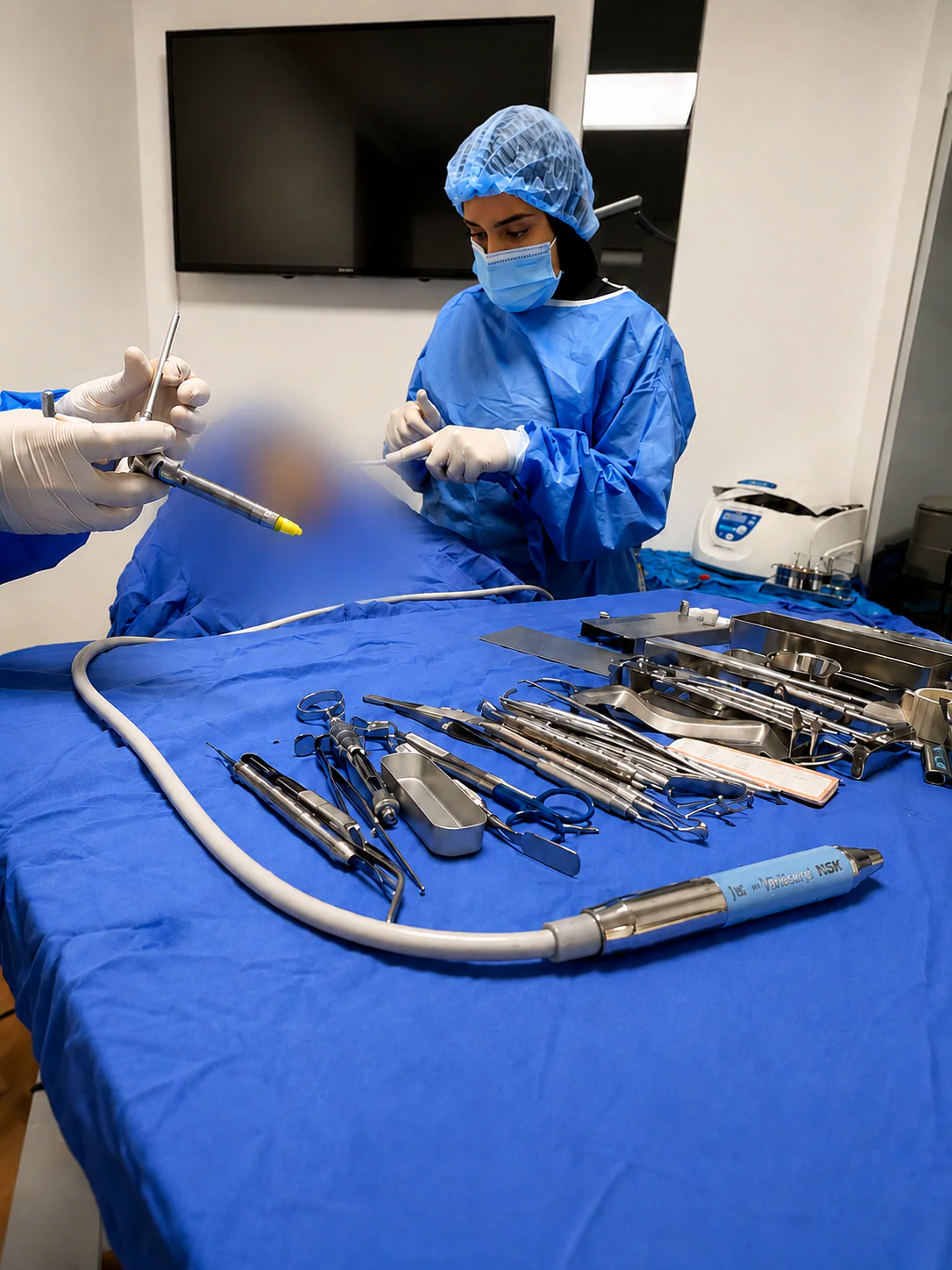 Dre Fatima Azelmat préparant les instruments stériles avant une chirurgie osseuse au cabinet de Kénitra