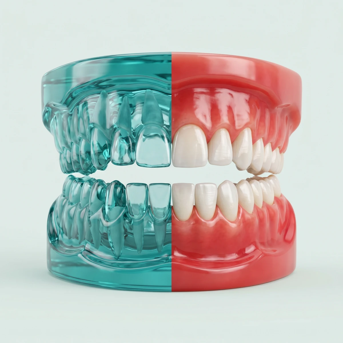 Modèle dentaire en relief : moitié vue technique teal, moitié vue naturelle